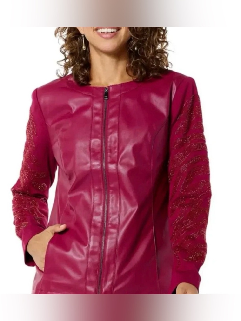 New Colleen Lopez Beaded Mesh Sleeve Faux Leather Jacket
Fuchsia
Medium